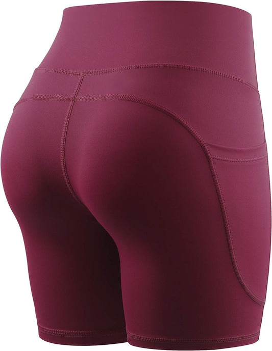 High Waist Yoga Shorts for Women Workout Running Shorts Naked Feeling Biker Shorts Tummy Control Deep Pockets, Wine Red, XS